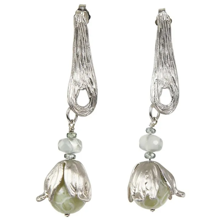 Jade, Ceylon Moonstone, Champagne Zircon, and Silver Earring