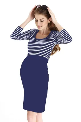 Knitted 3/4 Sleeve Angelina Nursing Dress Navy Stripes