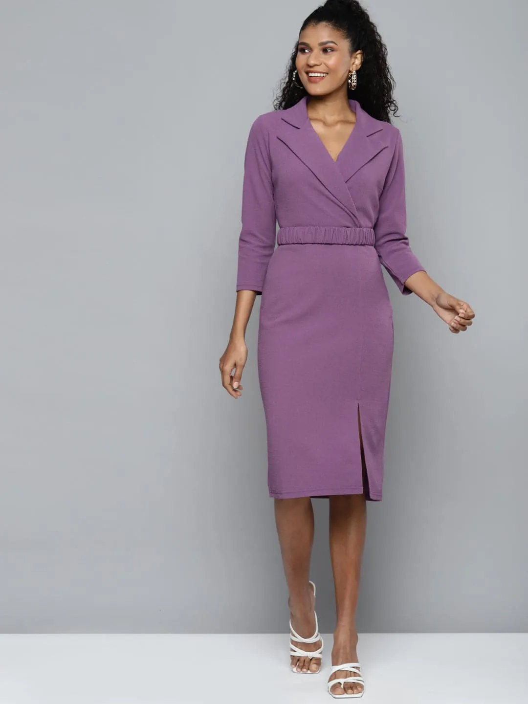 Lavender Notch Collar Belted Dress