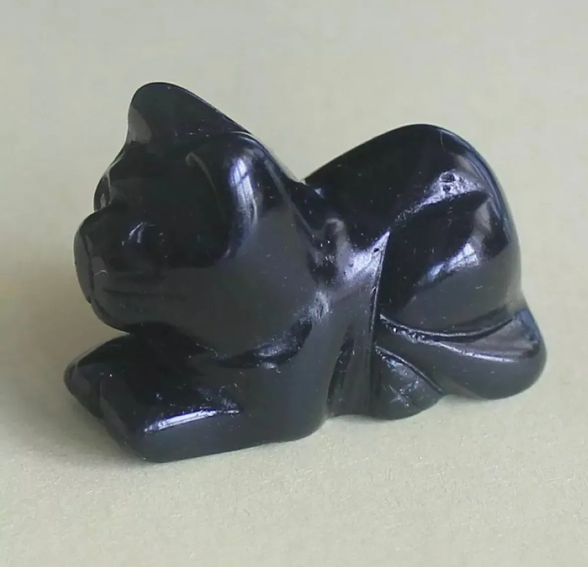 Natural Black Obsidian gemstone carved Kitty Cat