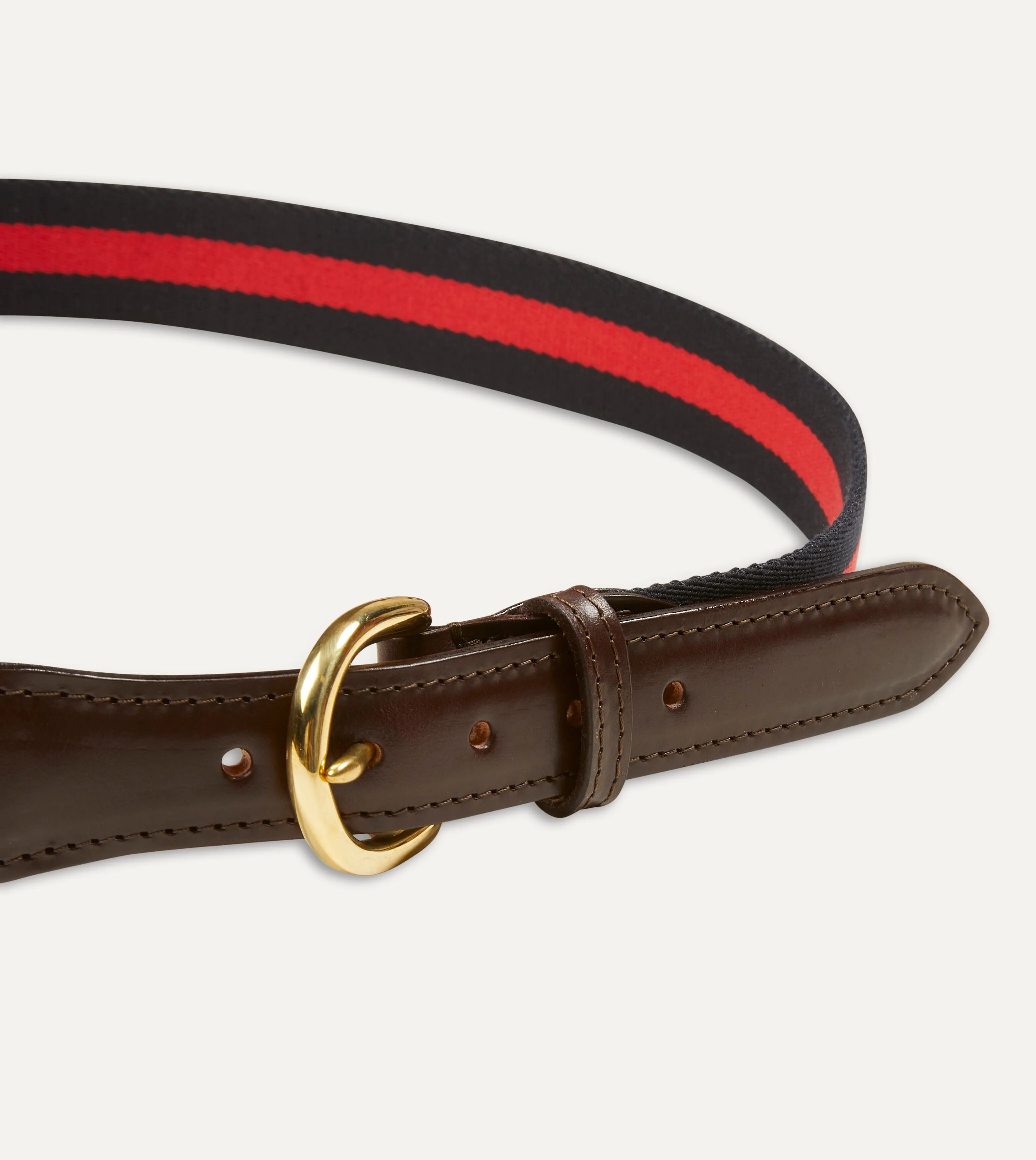 Navy and Red Stripe Webbing and Leather Belt with Brass Buckle