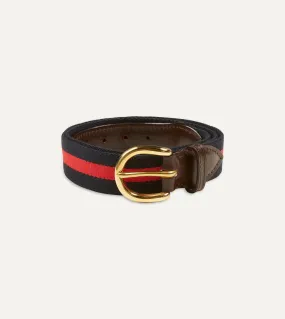 Navy and Red Stripe Webbing and Leather Belt with Brass Buckle