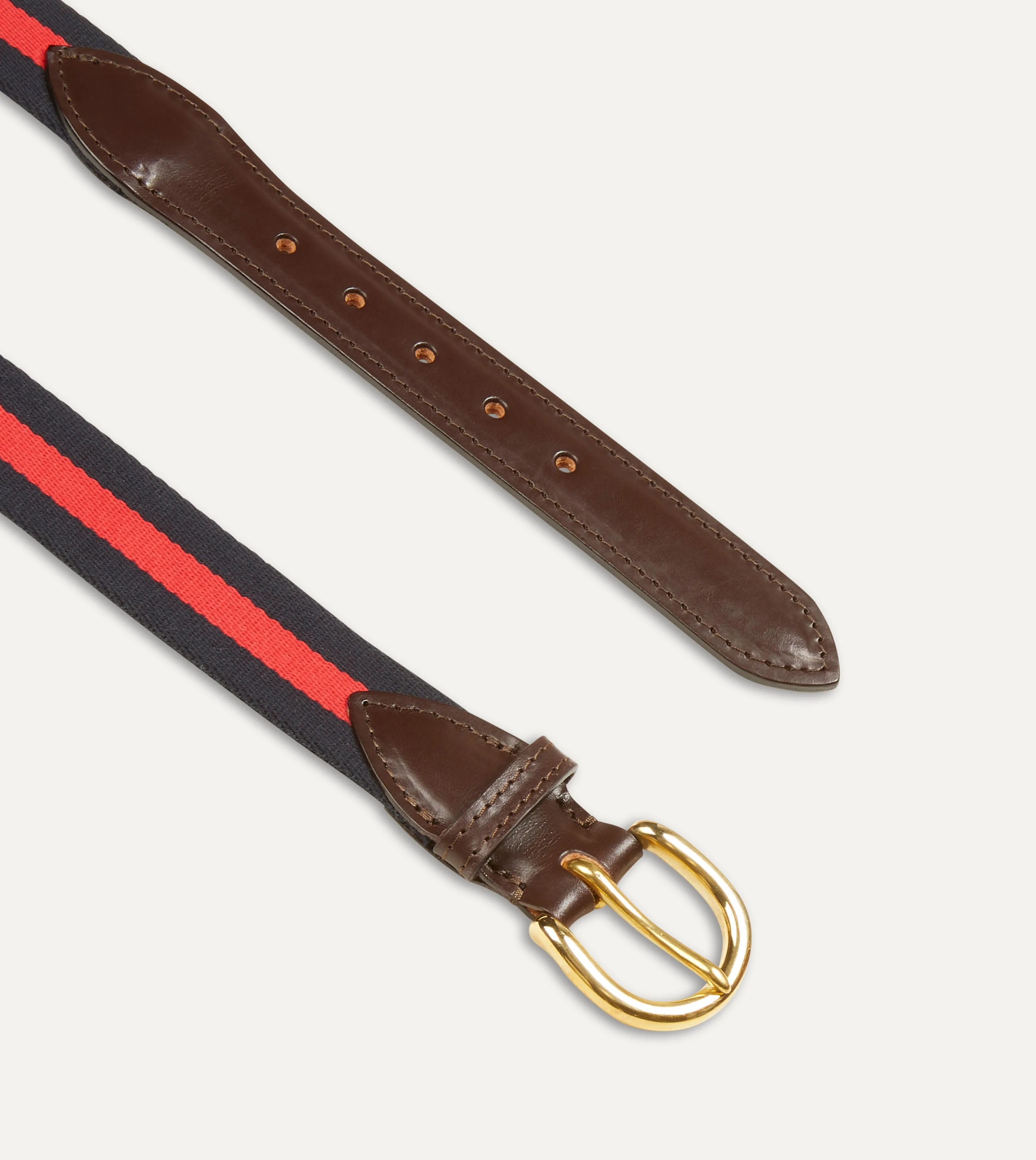 Navy and Red Stripe Webbing and Leather Belt with Brass Buckle