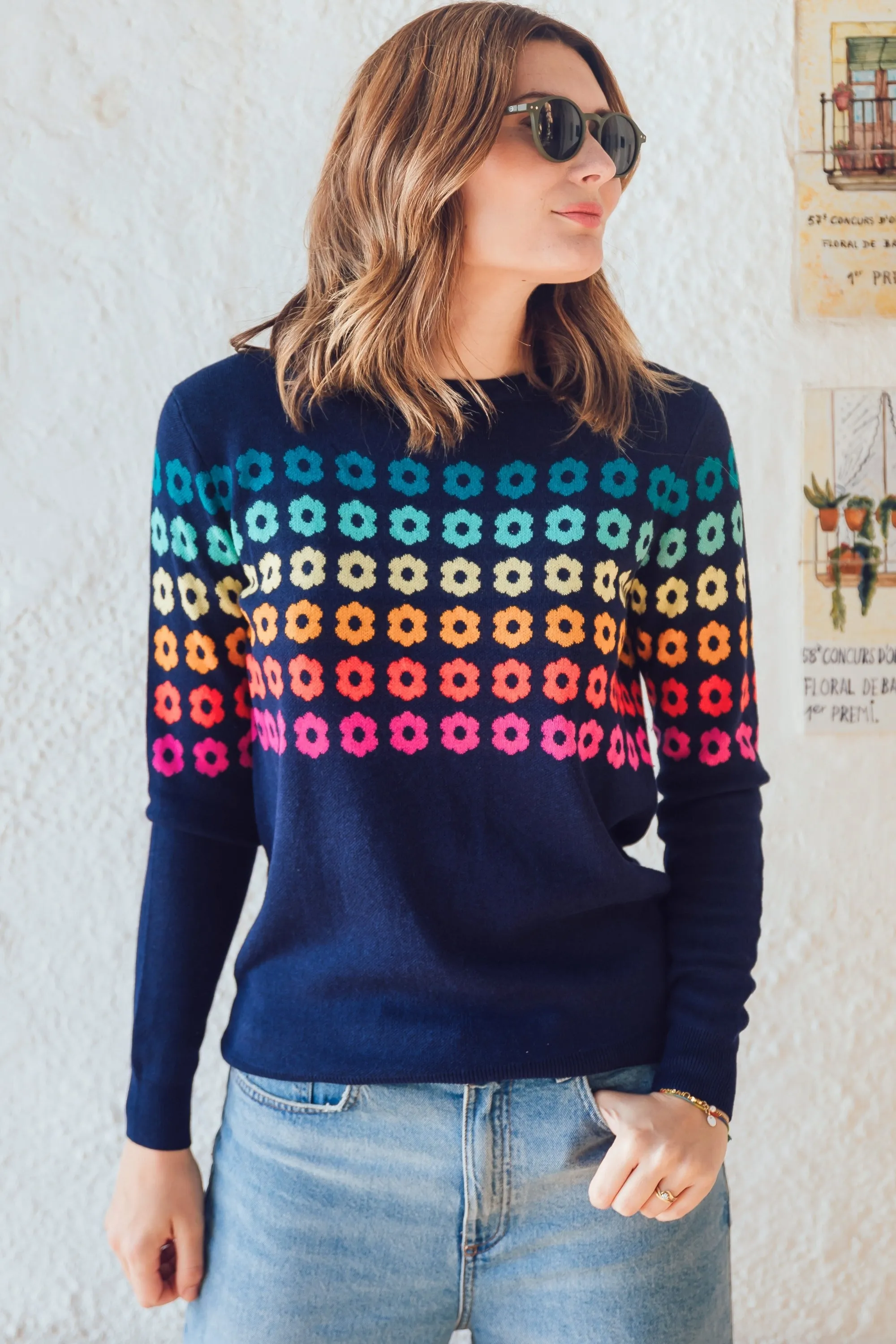 Rita Jumper - Navy, Rainbow Flowers