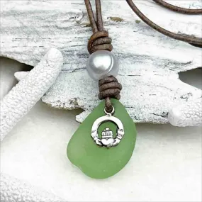 Seafoam Sea Glass Leather Necklace with Claddagh Charm and Gray Freshwater Pearl | #1903