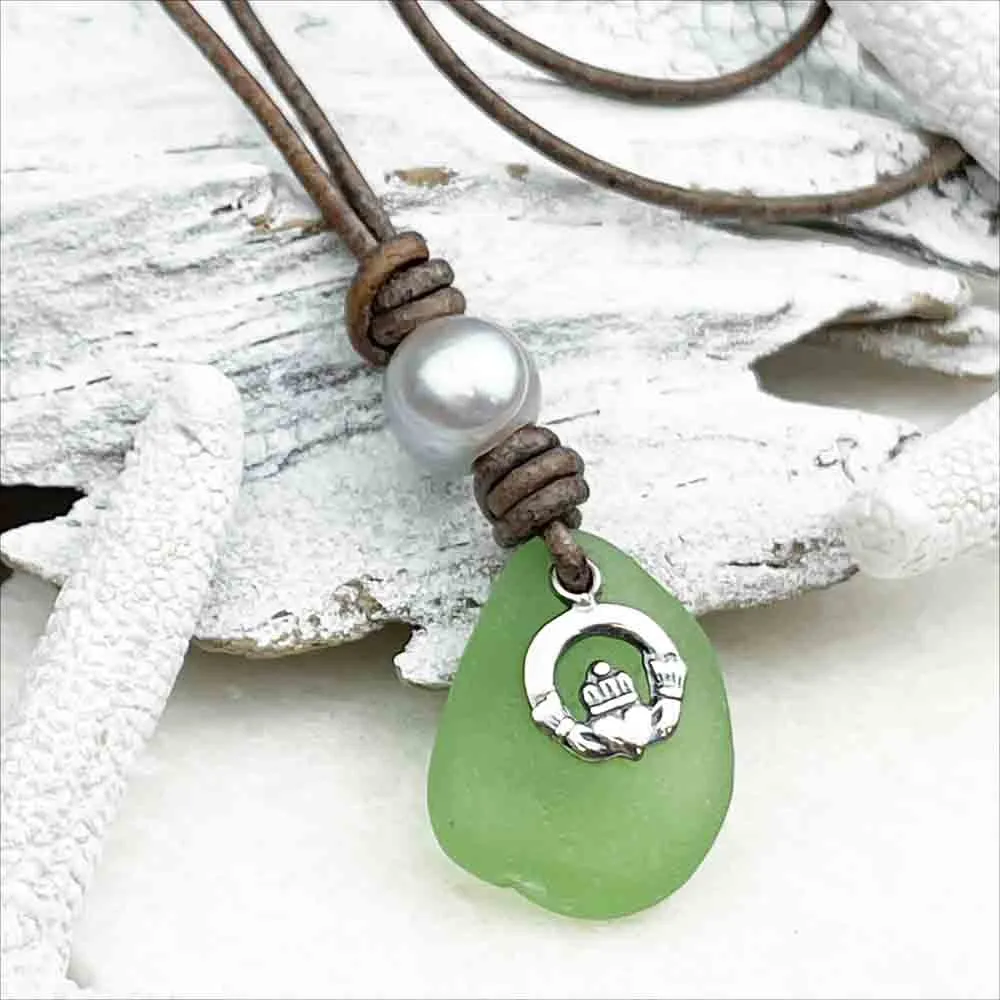 Seafoam Sea Glass Leather Necklace with Claddagh Charm and Gray Freshwater Pearl | #1903