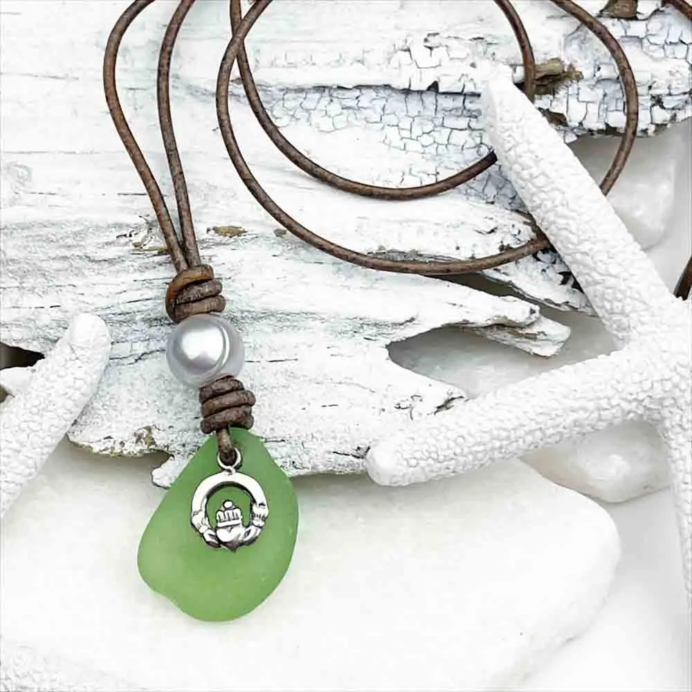 Seafoam Sea Glass Leather Necklace with Claddagh Charm and Gray Freshwater Pearl | #1903