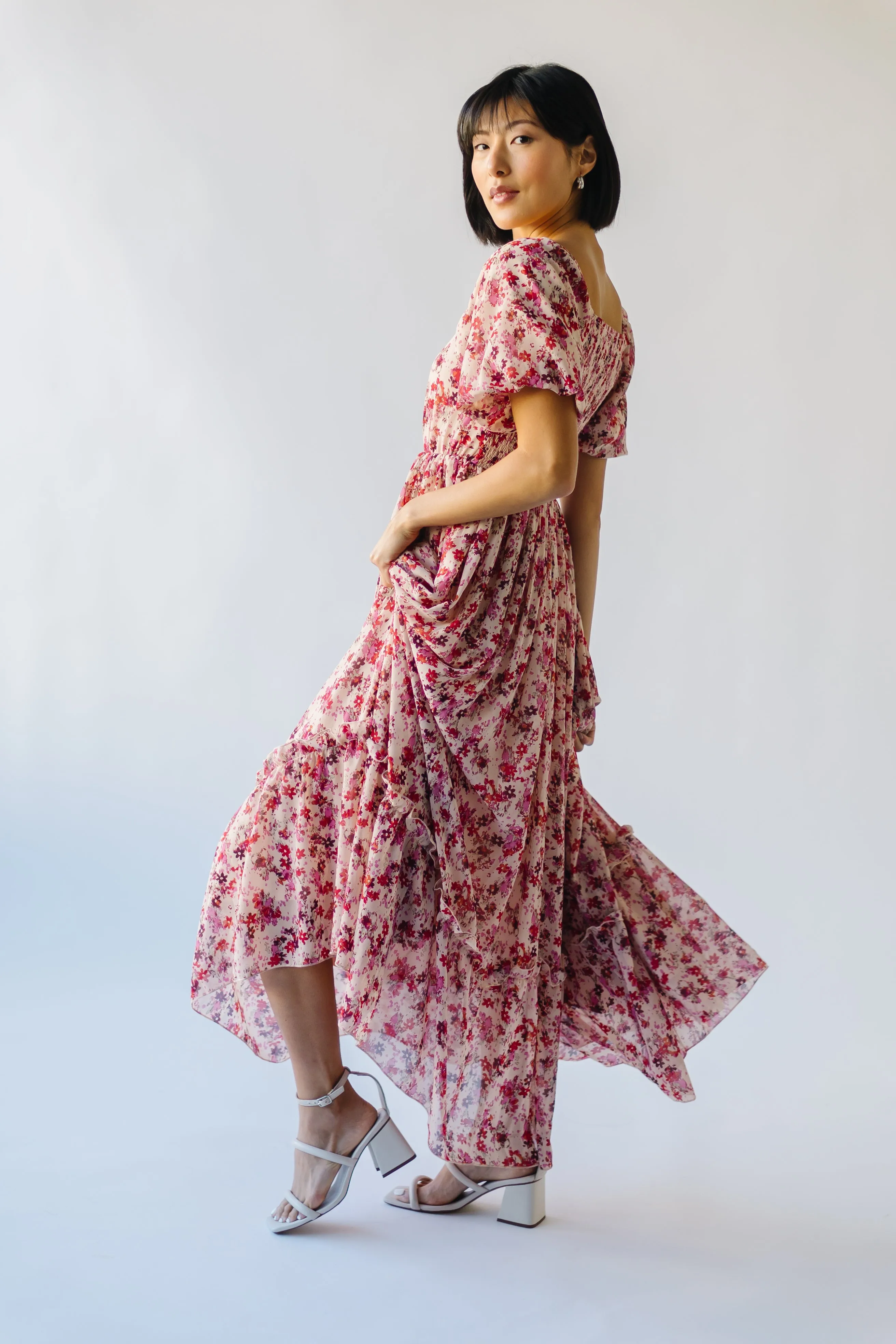 The Seneca Ditsy Floral Print Midi Dress in Pink Multi