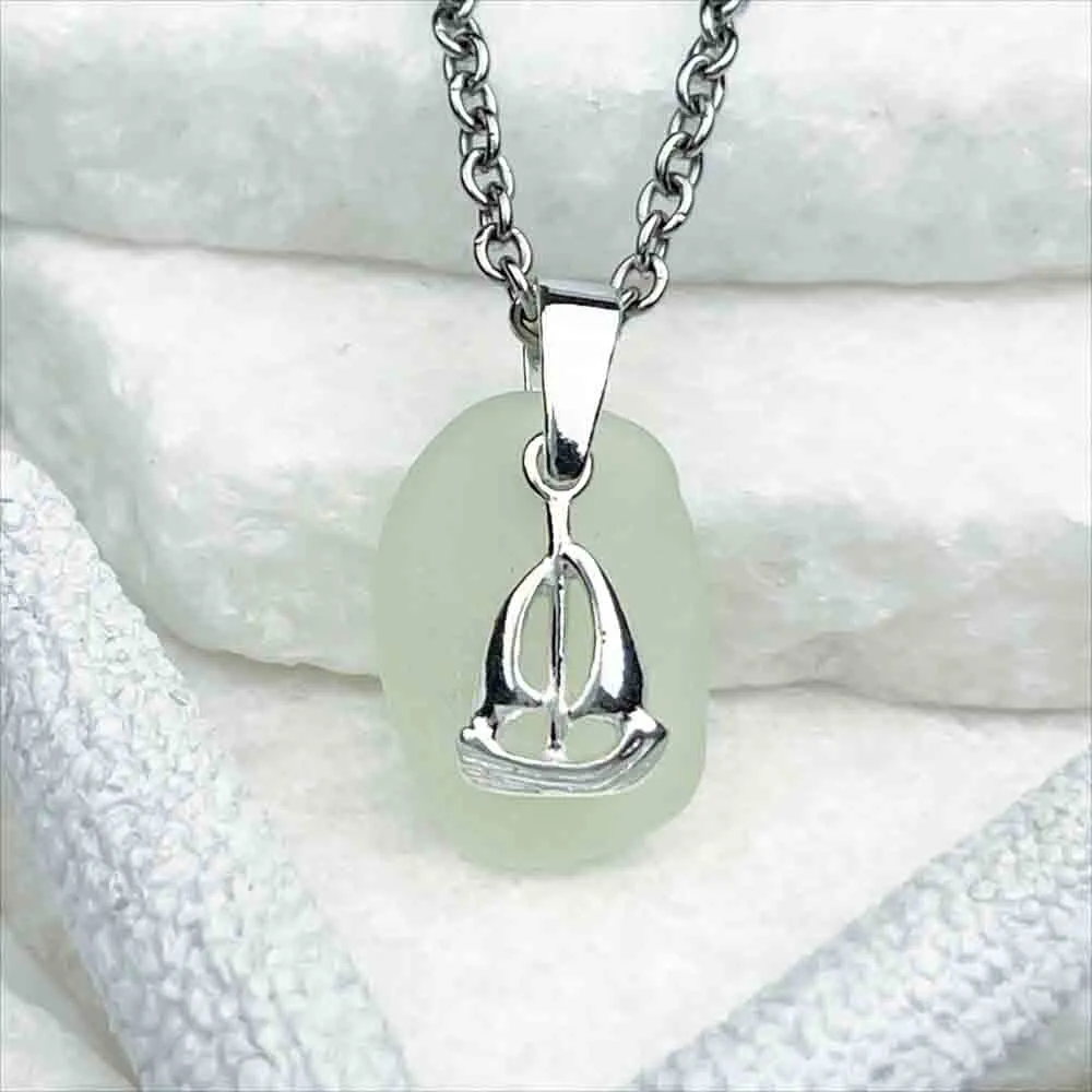 UV Sea Glass Pendant with Sterling Silver Sailboat Charm | #5286