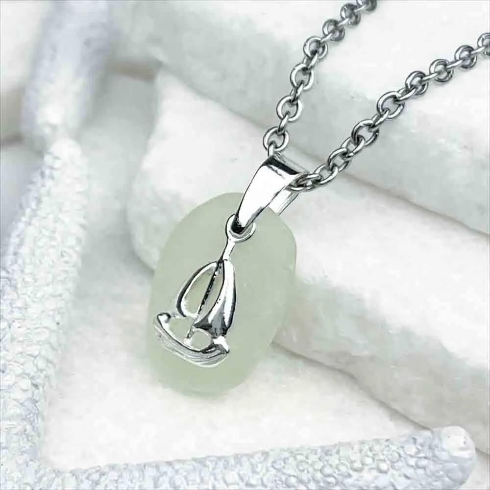 UV Sea Glass Pendant with Sterling Silver Sailboat Charm | #5286