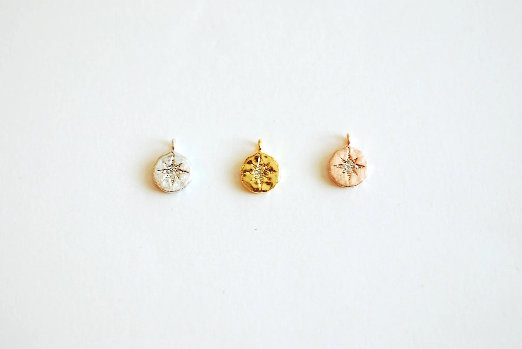 Wholesale STARBURST Disc Pendant- Vermeil Gold plated 925 Sterling Silver, Rose Gold, CZ North Star Charm, Textured Disc, Polaris Pendant, CZ Pave