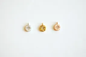 Wholesale STARBURST Disc Pendant- Vermeil Gold plated 925 Sterling Silver, Rose Gold, CZ North Star Charm, Textured Disc, Polaris Pendant, CZ Pave