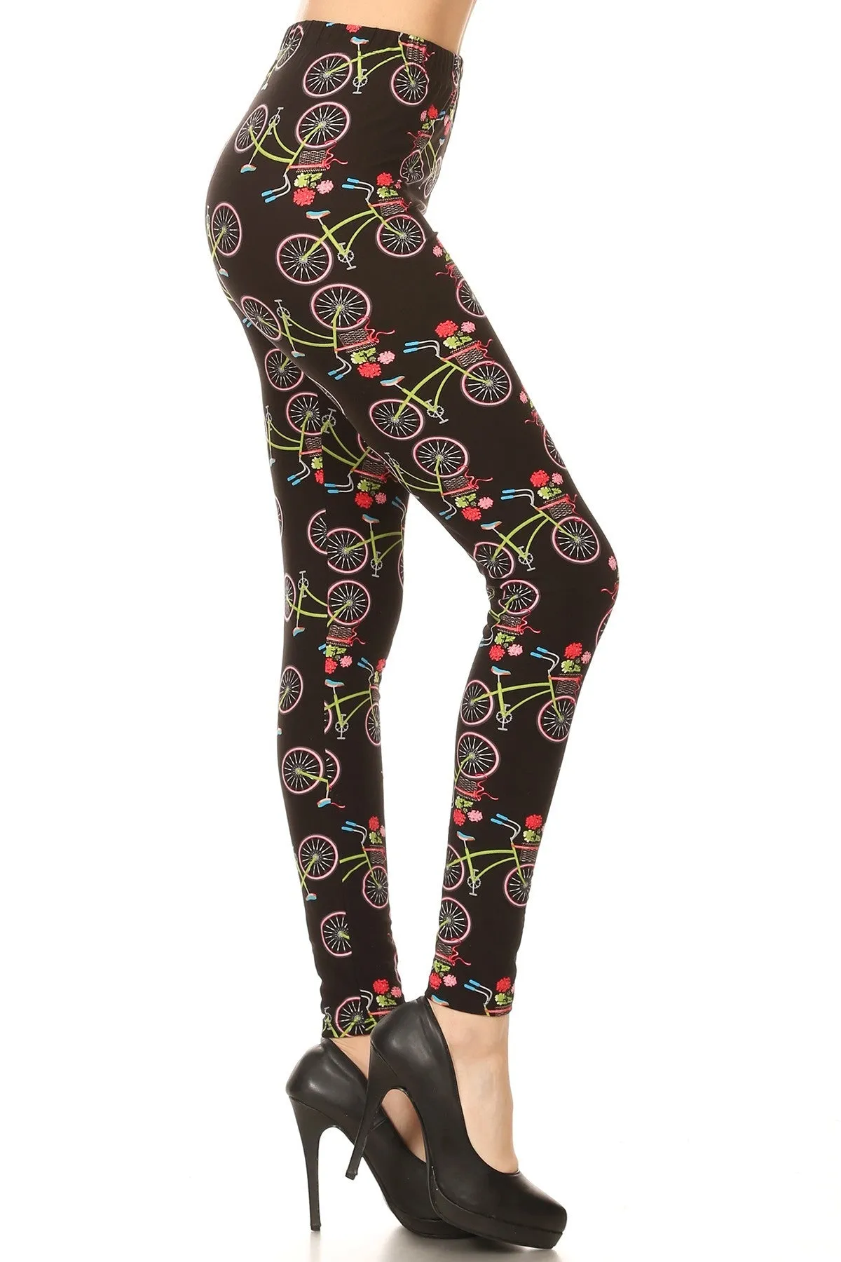 Women's 3 X 5X Bicycle Flower Pattern Printed Leggings