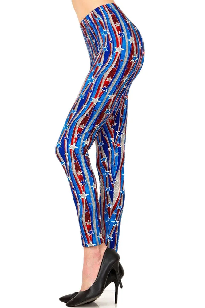 Women's 3X 5X Flying Star 4th of July American Flag Pattern Print Leggings