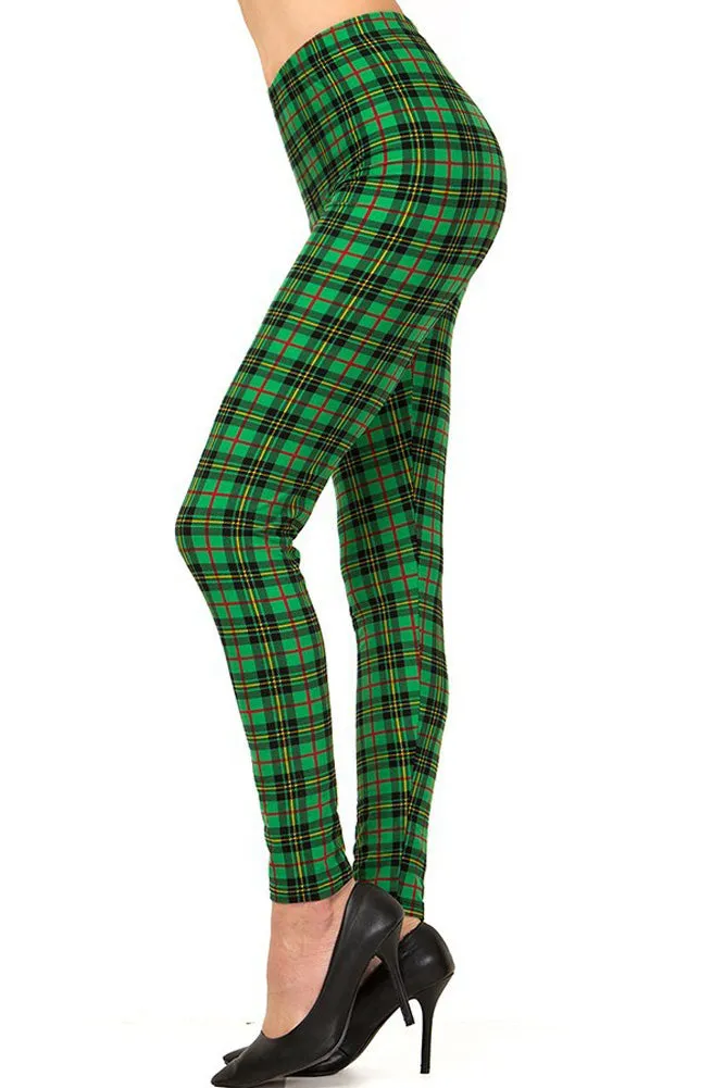 Women's 3X 5X Holiday Green Wine Plaid Pattern Print Leggings