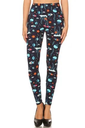 Women's 3X 5X Ocean Creatures Fish Pattern Print Leggings