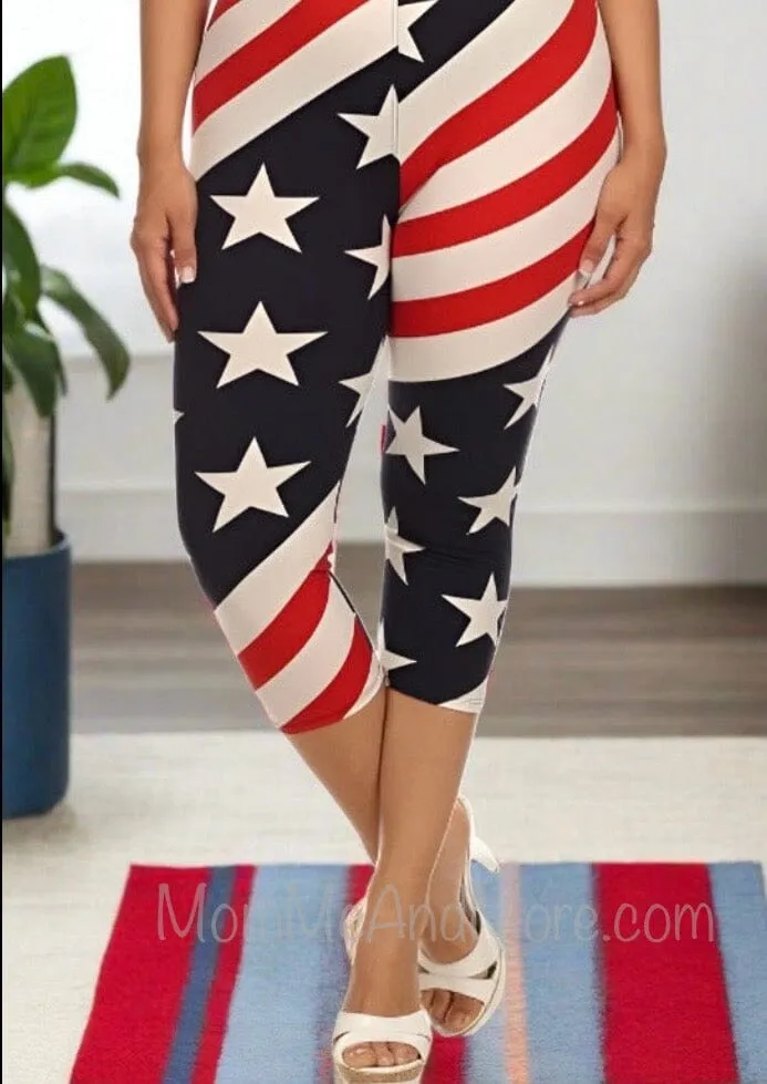 Womens American Flag Capri Leggings, Patriotic 4th of July Pants, Sizes 0-18, No-Roll Waist, Red/White/Blue