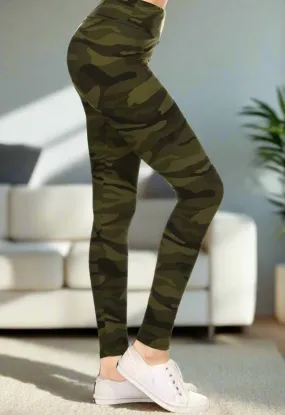 Womens Green Camouflage Leggings, Soft Yoga Pants, Sizes 0-22, Yoga Waist, Green