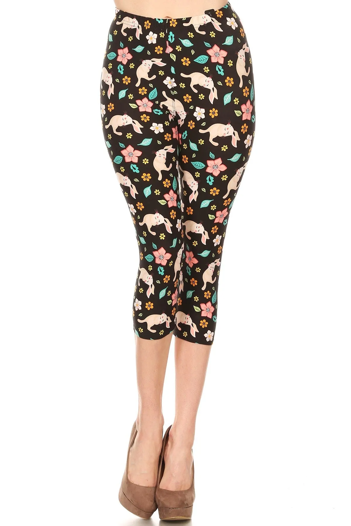 Women's Plus colorful Bunnies Flowers Printed Cropped Capri Leggings