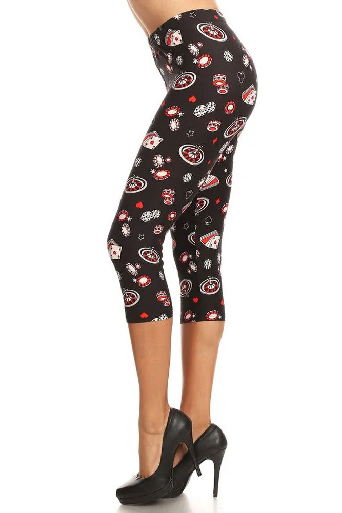 Women's Plus Colorful Card Game Diceplay Printed Cropped Capri Leggings