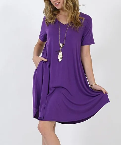 Womens Purple Pocket Dress | Short Sleeve Mini Dress | V-Neck Dress