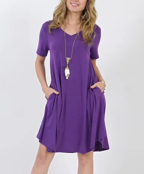 Womens Purple Pocket Dress | Short Sleeve Mini Dress | V-Neck Dress