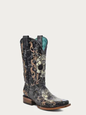 Z5005 - WOMEN'S BLACK AND WHITE FLORAL SUGAR SKULL SQUARE TOE COWBOY BOOT